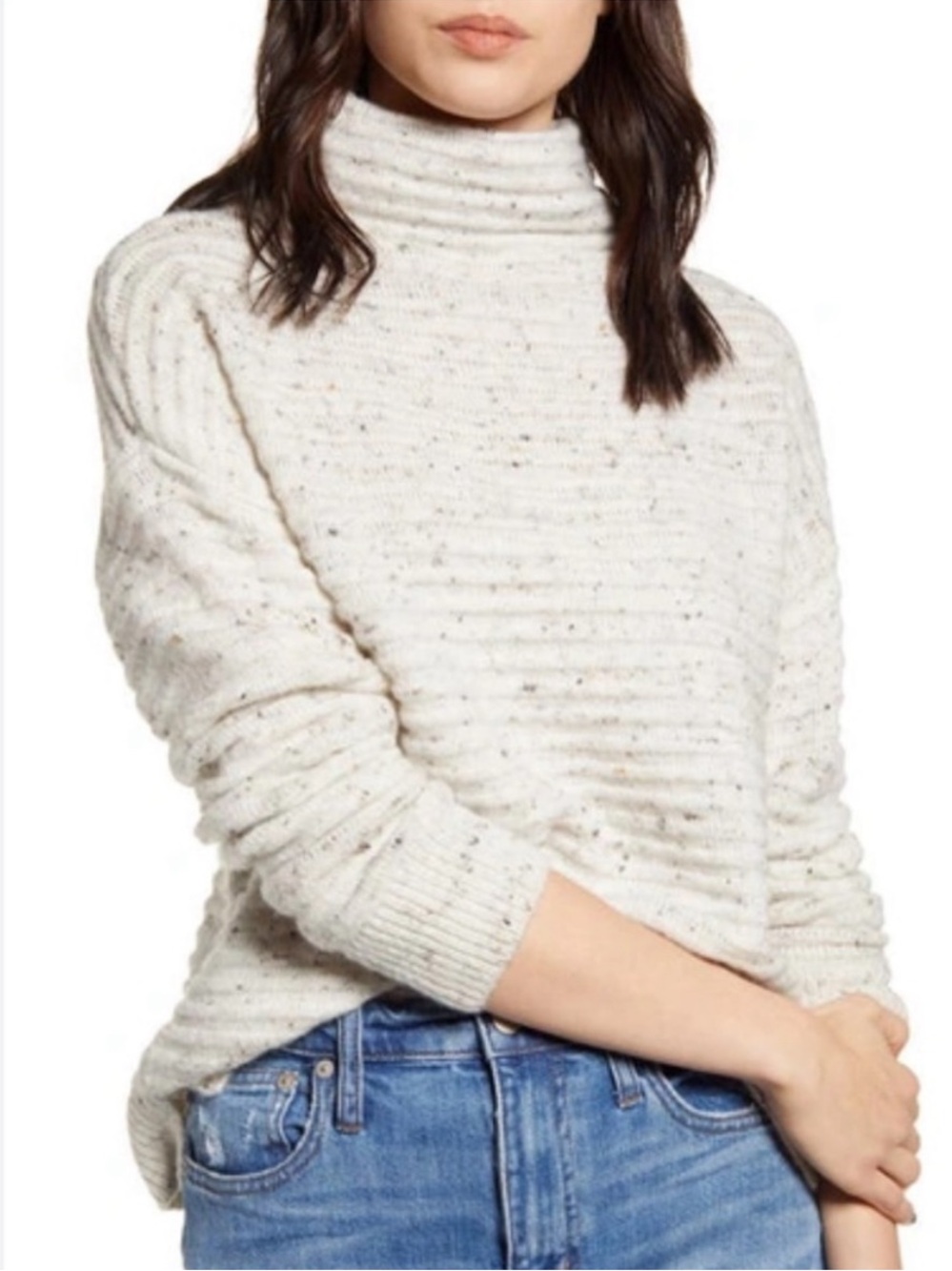 Madewell‎ Wool Belmont Donegal Mock Neck Sweater Cream Flecked Size Large